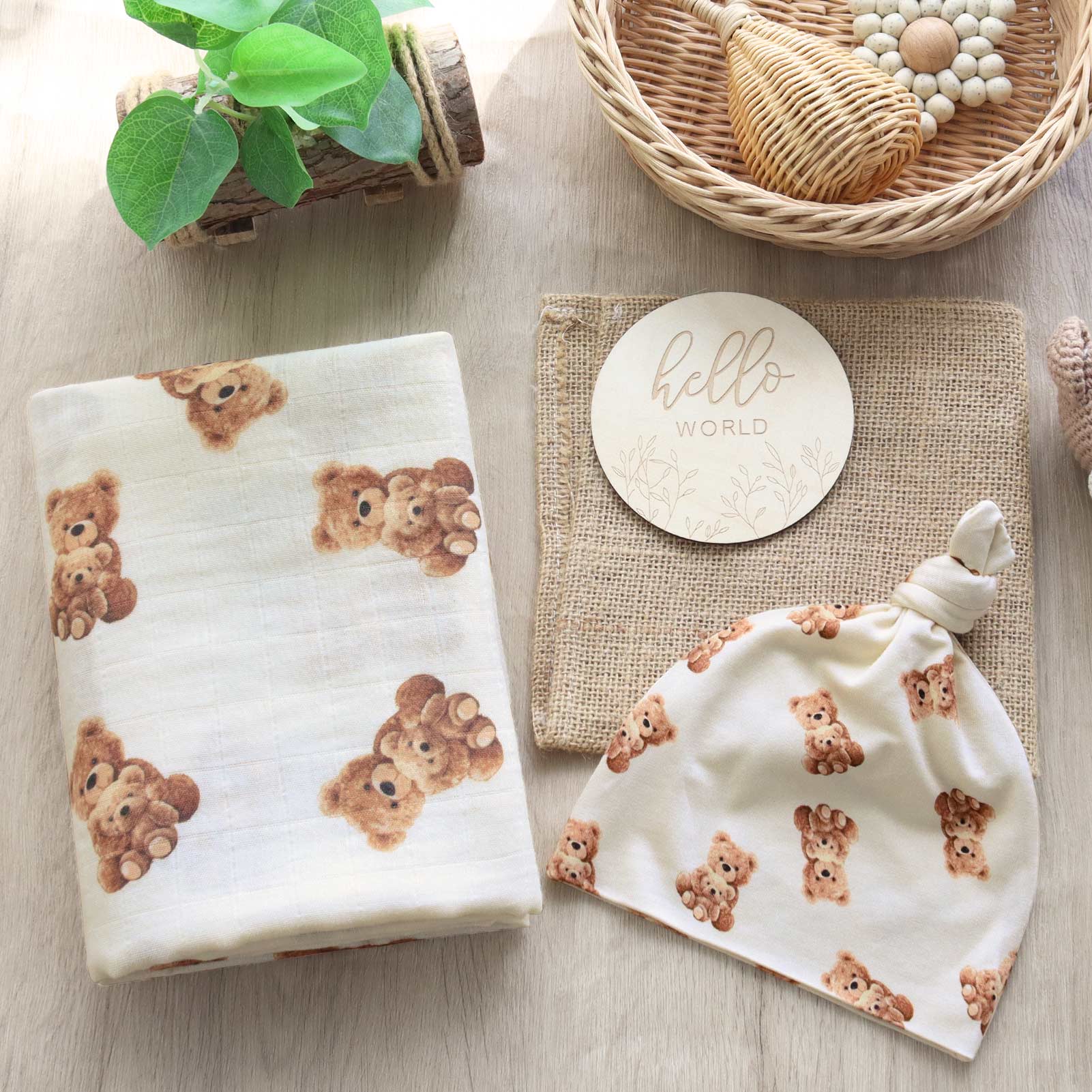 Cotton Craft bamboo cotton blanket Organic Bamboo Cotton Baby Swaddle Gift Set with Hat & Wooden Birth Card Personalized and custom baby gifts