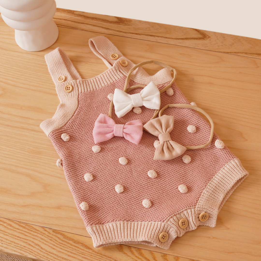 Baby Girl Cotton Knit Bobble Romper and Hand Tied Bow Set