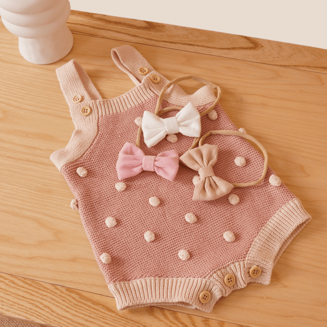 Cotton Craft baby apparel Baby Girl Cotton Knit Bobble Romper and Hand Tied Bow Set 0-6 Months Personalized and custom baby gifts