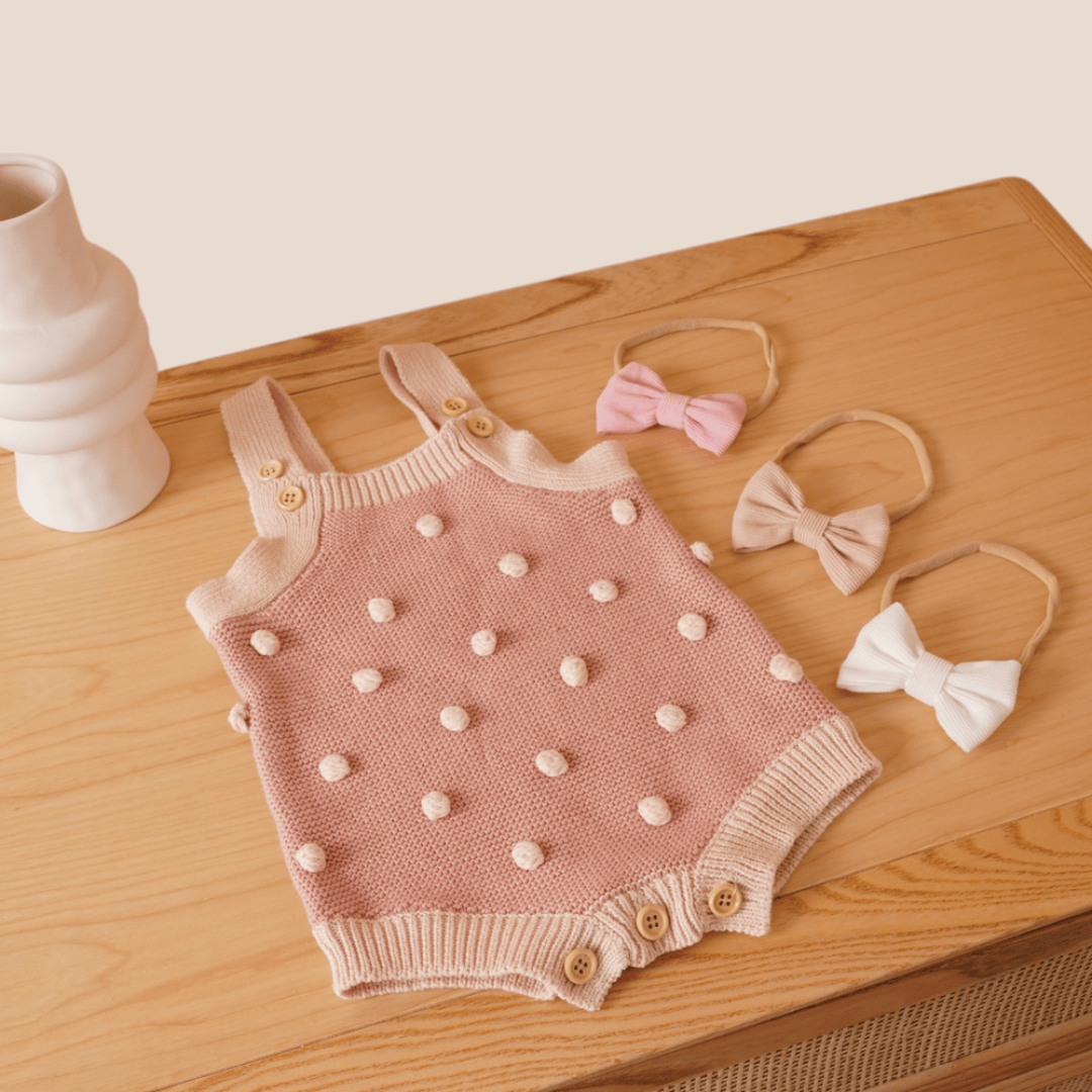 Cotton Craft baby apparel Baby Girl Cotton Knit Bobble Romper and Hand Tied Bow Set 0-6 Months Personalized and custom baby gifts
