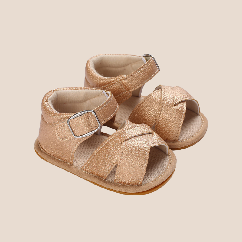 Champagne gold baby sandals with buckle strap and soft sole – size 1