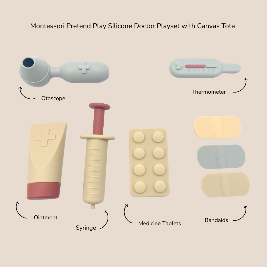Flatlay of Montessori silicone doctor kit with labeled medical toys