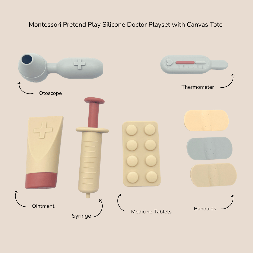 Cotton Craft Bbay Toys Montessori Pretend Play Silicone Doctor Playset with Canvas Tote Personalized and custom baby gifts