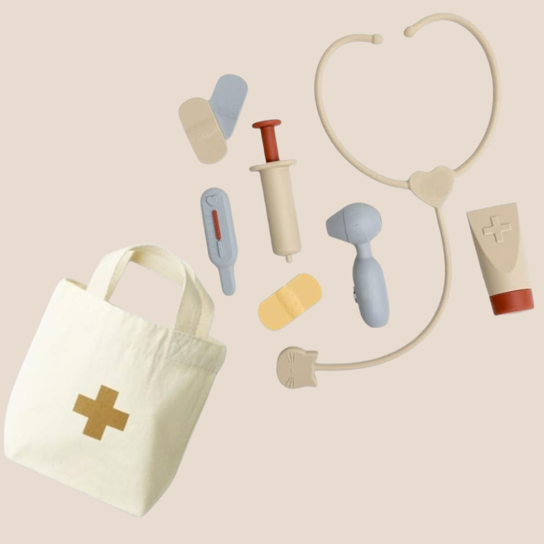 Montessori silicone doctor playset with canvas tote and medical tools in beige and grey