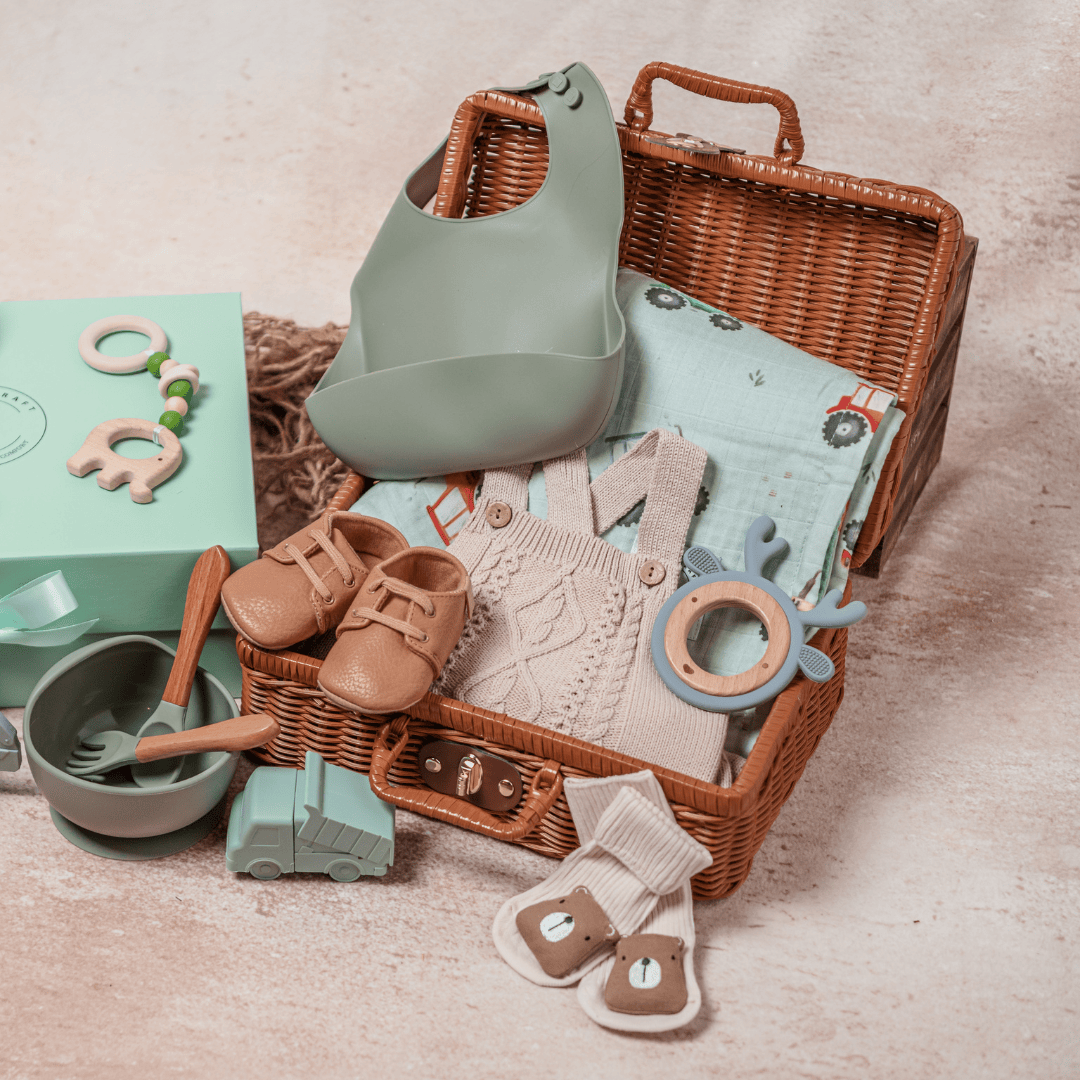 Cotton Craft Gift Basket Heirloom Honey Wicker Baby Gift Case with Handle Personalized and custom baby gifts