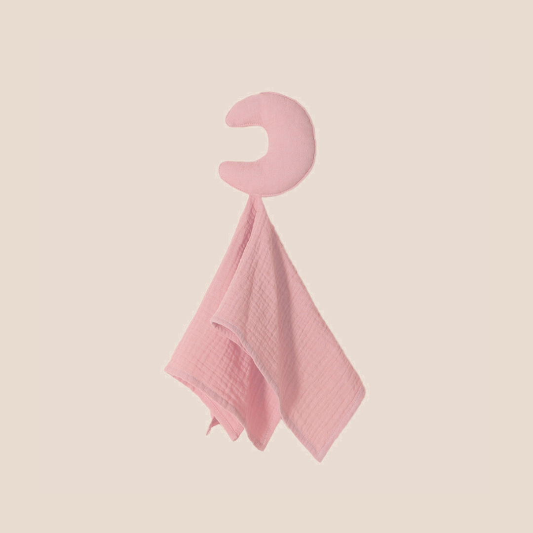 pink moon lovey security blanket made with soft muslin cotton, perfect for newborn baby gifts, personalized baby shower presents, custom baby gift boxes, eco-friendly baby essentials, and comfort items for infants and toddlers.