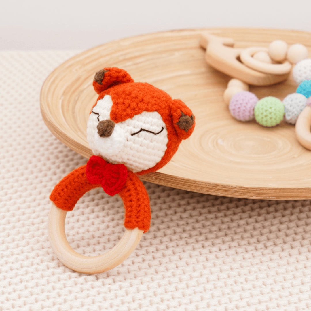 Cotton Craft knitted baby rattle toy Hand Knitted Red Fox Rattle Toy Personalized and custom baby gifts
