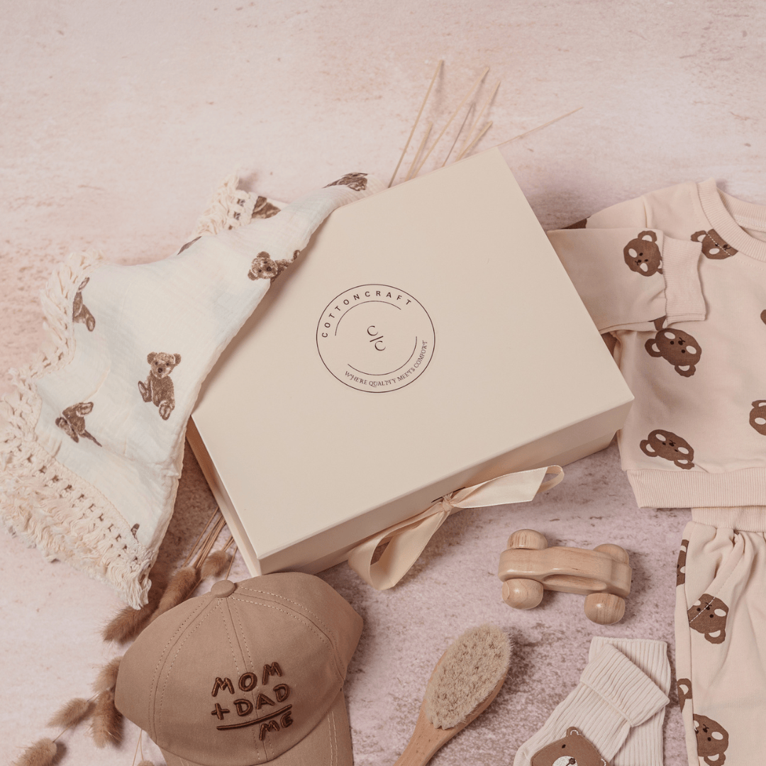 Cotton Craft baby gift box Luxe Beige Magnetic Gift Box with Ribbon Closure Personalized and custom baby gifts
