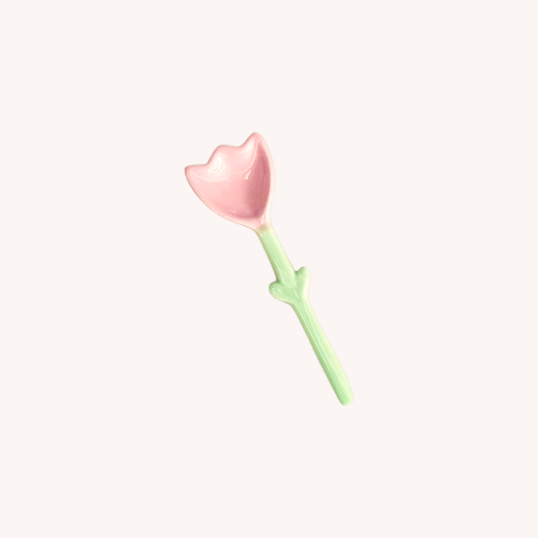 Ceramic flower mug stirrer in pastel green and pink for mom care gift bundle