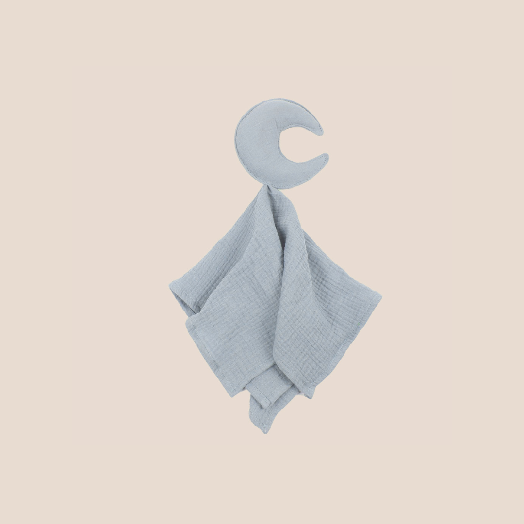 Blue moon lovey security blanket made with soft muslin cotton, perfect for newborn baby gifts, personalized baby shower presents, custom baby gift boxes, eco-friendly baby essentials, and comfort items for infants and toddlers.