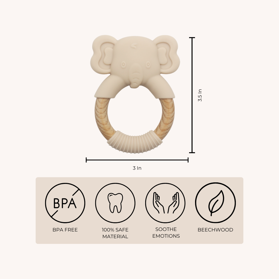Elephant Silicone & Wood Baby Teether Toy