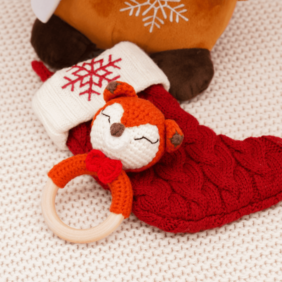 Cotton Craft knitted baby rattle toy Hand Knitted Red Fox Rattle Toy Personalized and custom baby gifts