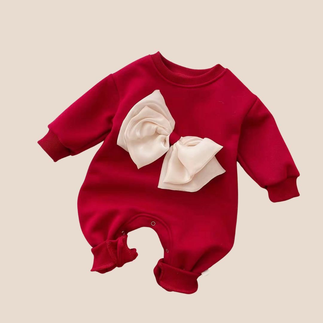Newborn Baby Girl Festive fleece Bow-Detail Jumpsuit romper red with white bow