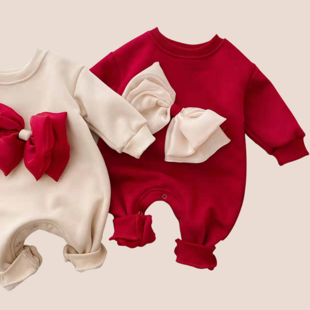 Newborn Baby Girl Festive fleec Bow-Detail Jumpsuit romper white with red bow, red with white bow-side view
