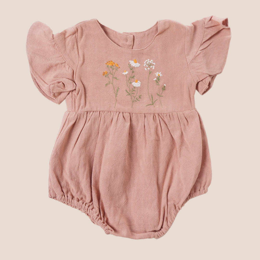 Clay rose baby romper with floral embroidery and flutter sleeves – perfect for custom baby gifting or baby shower gifts