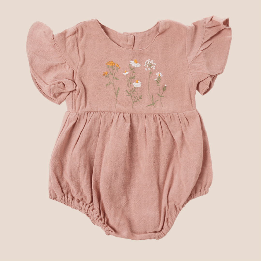 Cotton Craft baby apparel Clay Rose Flutter Sleeve Romper – Embroidered Wildflower Baby Outfit Personalized and custom baby gifts