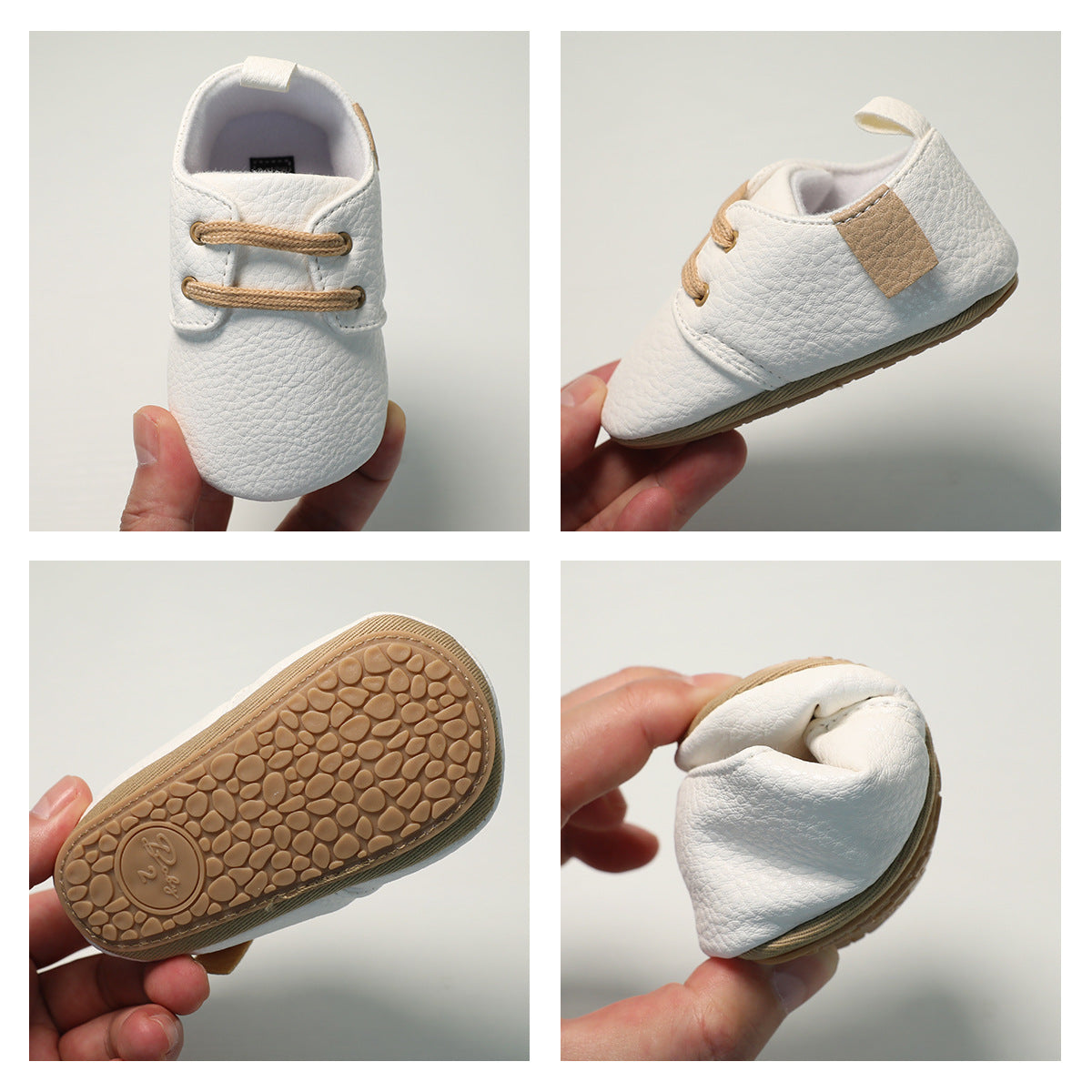 picture showing top, side and bottom view of leather baby shoes