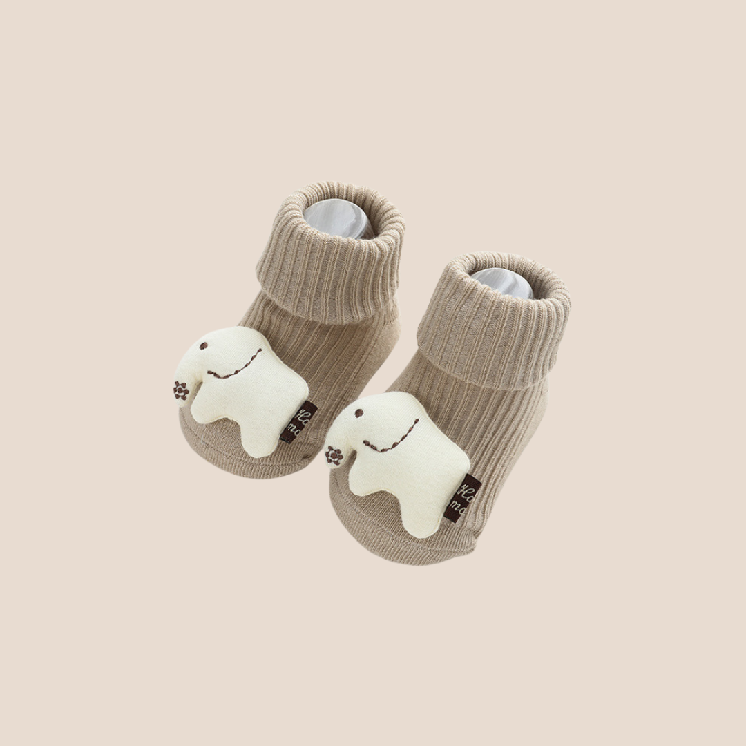 Beige baby socks with plush elephant toes – adorable and cozy baby shower gift box add-on