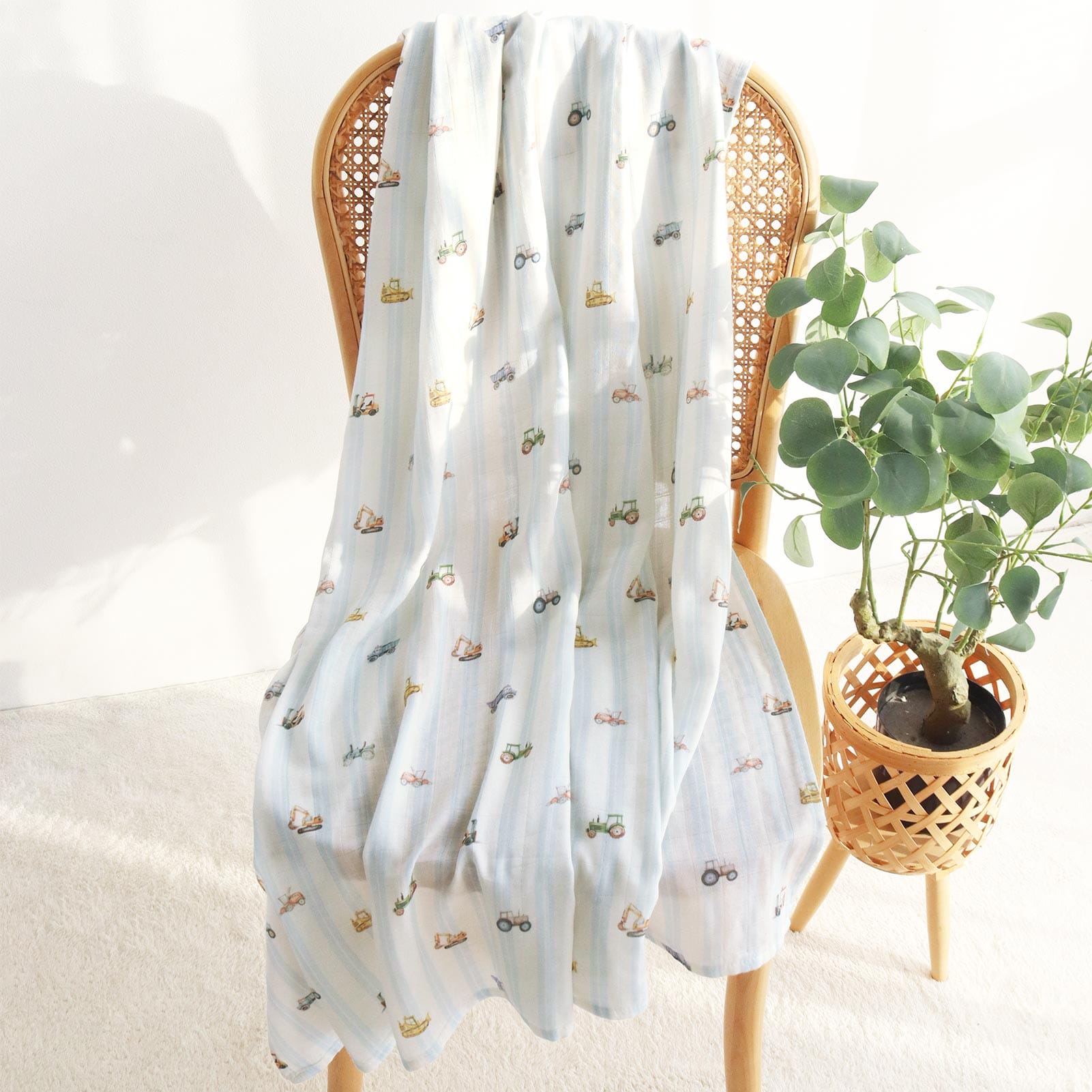 Cotton Craft bamboo cotton blanket Blue Tractor Print Stripped Cotton Baby Swaddle Blanket Personalized and custom baby gifts