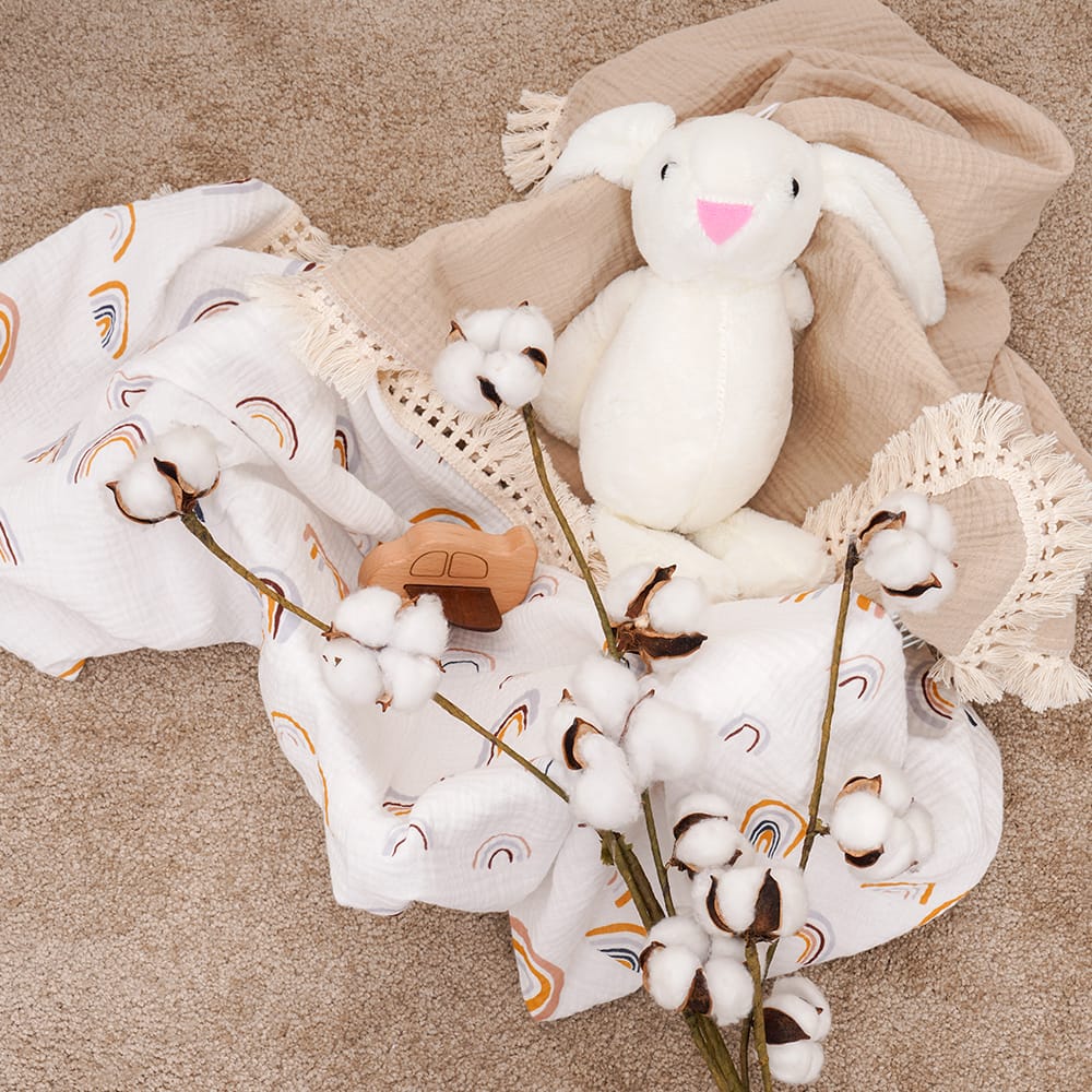 Cotton Craft Muslin cotton swaddle blanket Fringed Rainbow swaddle Blanket Personalized and custom baby gifts