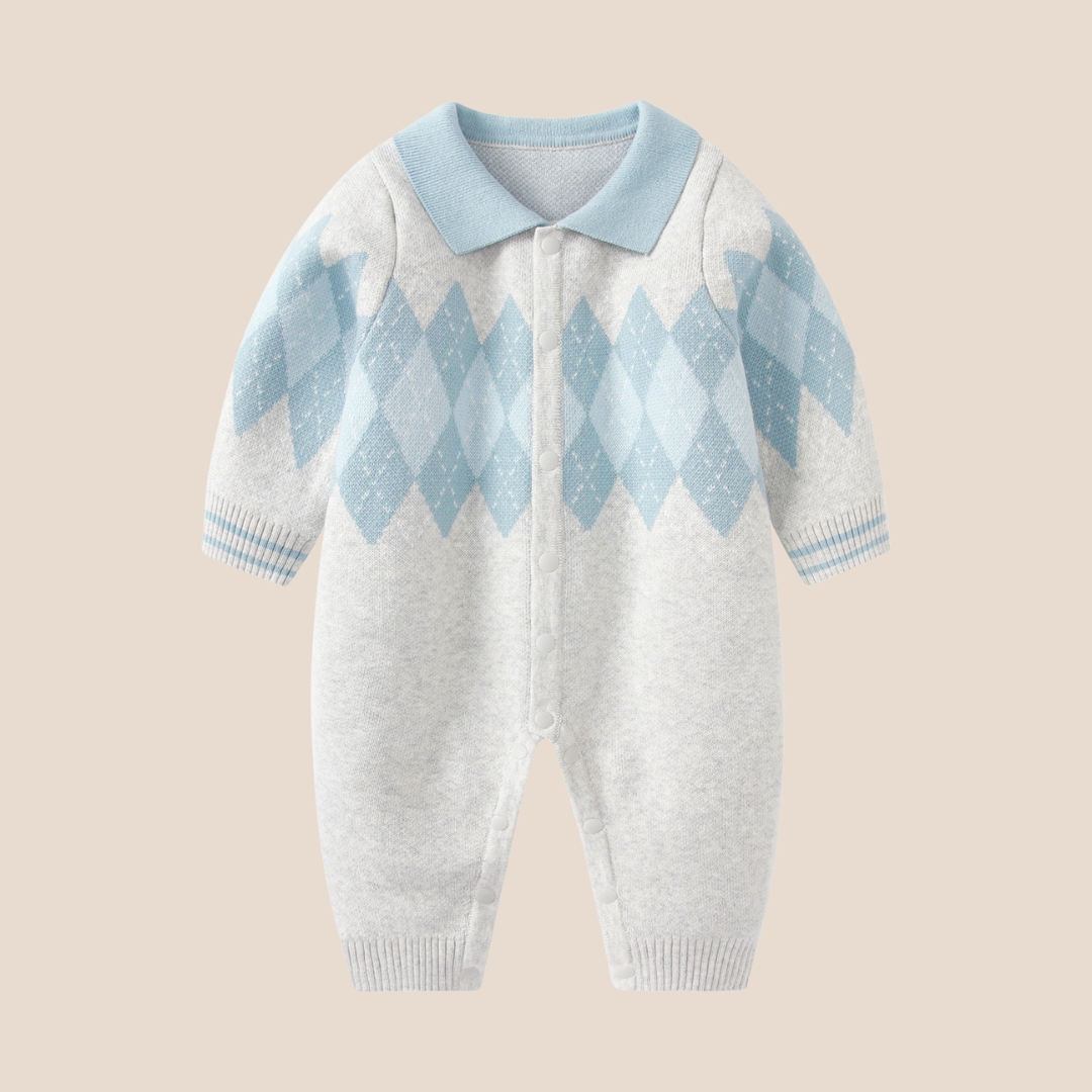 Argyle knit sky blue collared baby romper 0-6 months luxury newborn outfit