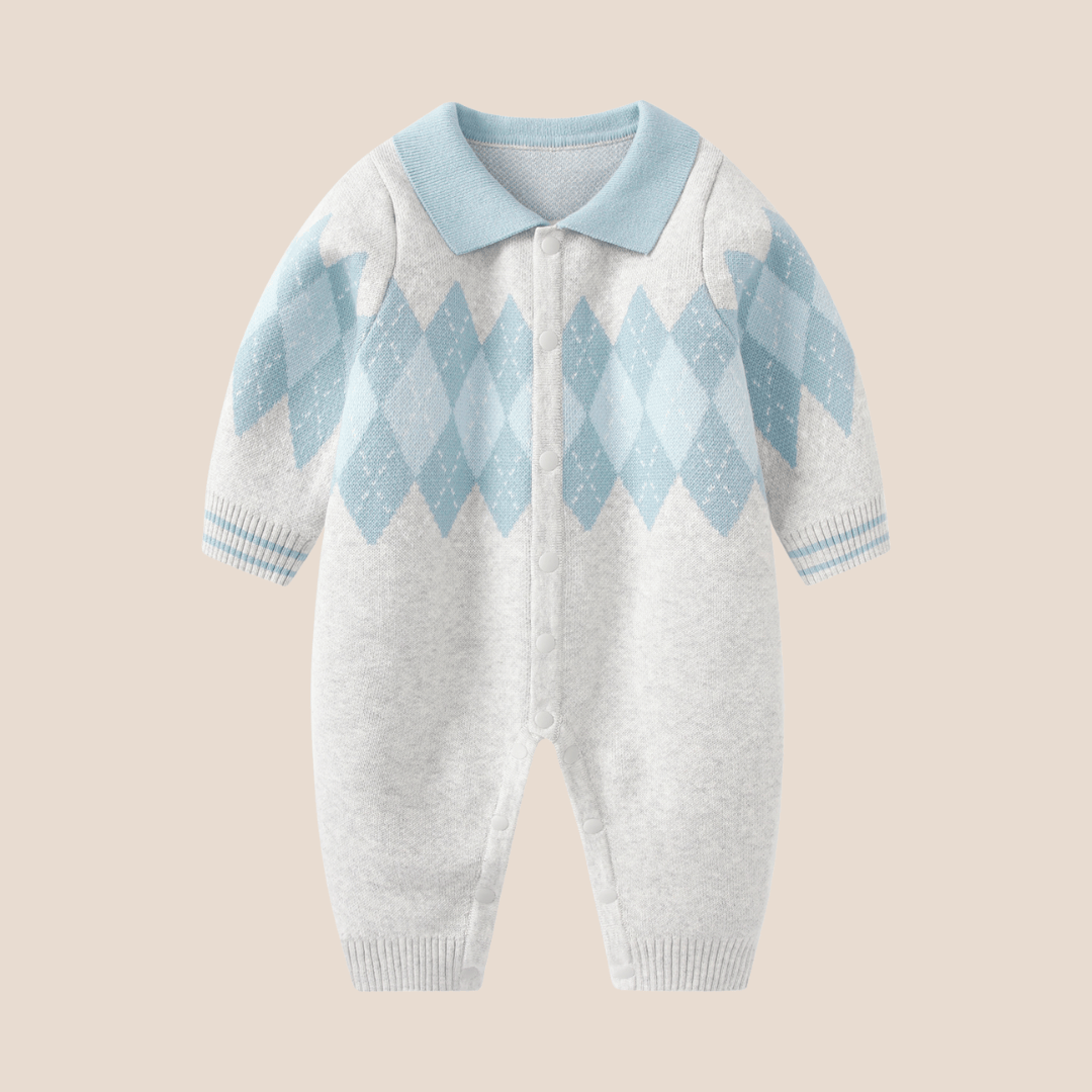Cotton Craft baby apparel Argyle Knit Sky Blue Collared Baby Romper (0–6 Months) Personalized and custom baby gifts