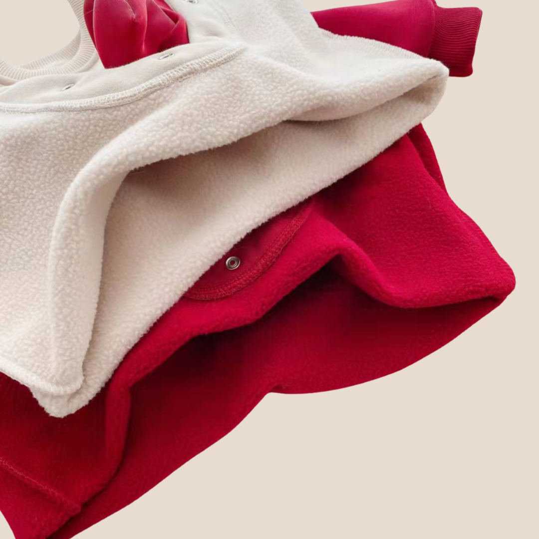 Newborn Baby Girl Festive fleece Bow-Detail Jumpsuit romper red with white bow-inside view