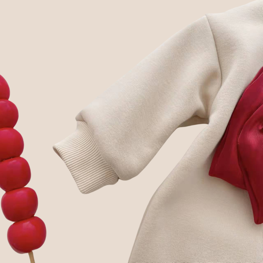 Newborn Baby Girl Festive fleece Bow-Detail Jumpsuit romper white with red bow- sleeve view