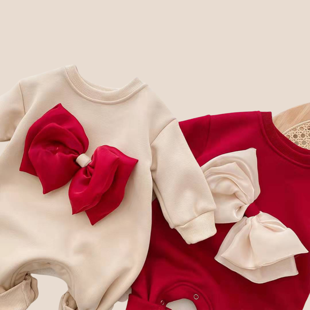 Newborn Baby Girl Festive fleec Bow-Detail Jumpsuit romper white with red bow, red with white bow-close up
