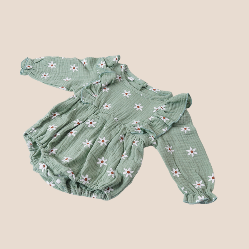 Baby girl muslin romper set with matching headband in sage green- full view