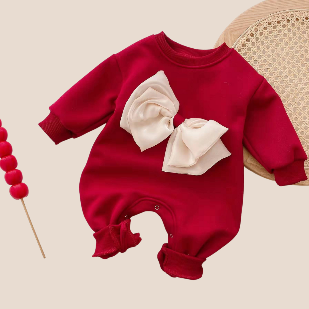 Newborn Baby Girl Festive fleece Bow-Detail Jumpsuit romper red with white bow