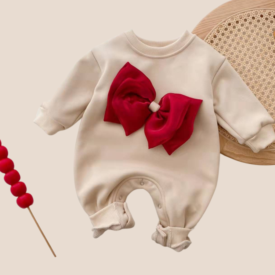Newborn Baby Girl Festive fleece Bow-Detail Jumpsuit romper white with red bow