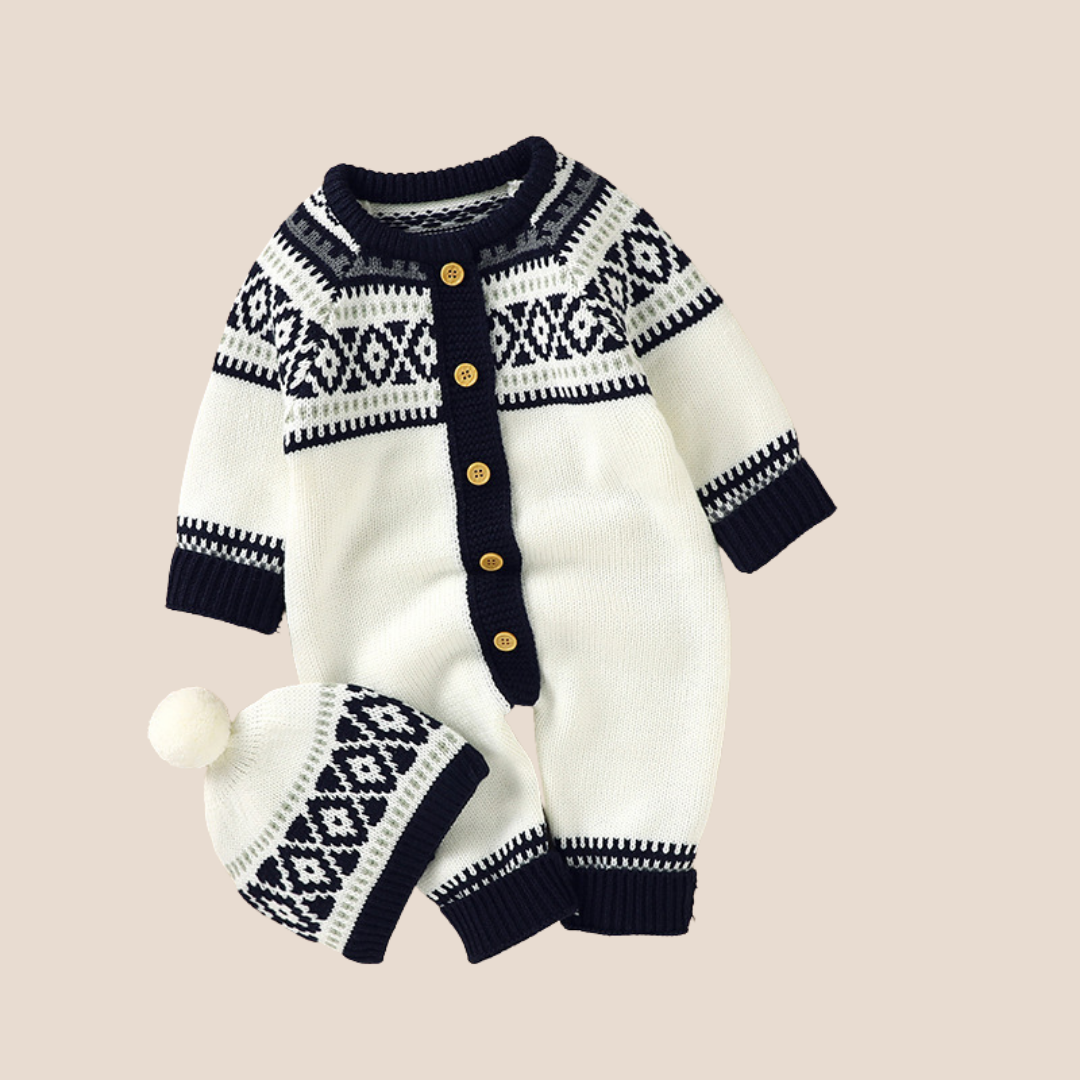 Baby Boy Jacquard Knitted Romper and Hat Set