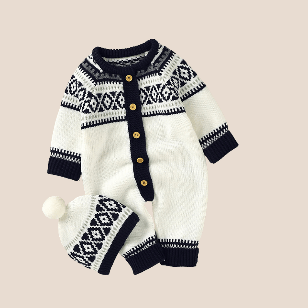 Cotton Craft baby apparel Baby Boy Jacquard Knitted Romper and Hat Set 0-6 Month Personalized and custom baby gifts