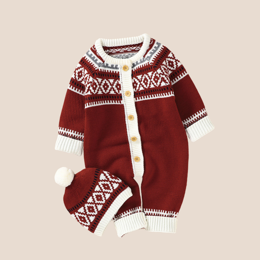 Baby Boy Jacquard Knitted Romper and Hat Set