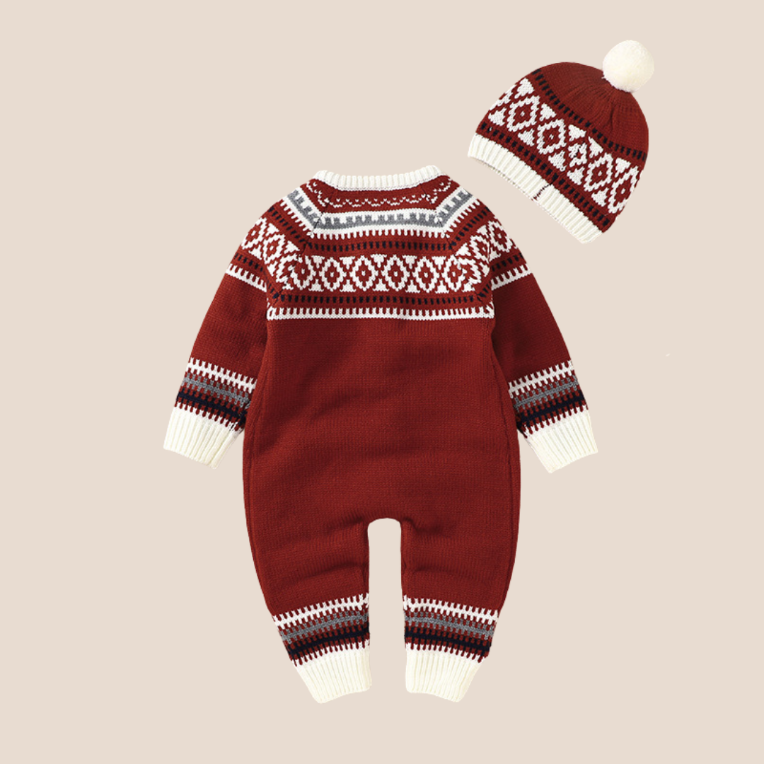 Baby Boy Jacquard Knitted Romper and Hat Set