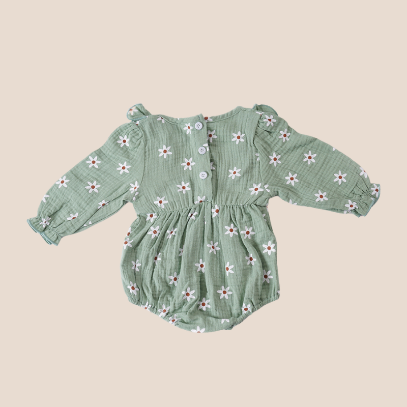 Full back view of sage daisy muslin baby romper – 3-6 months