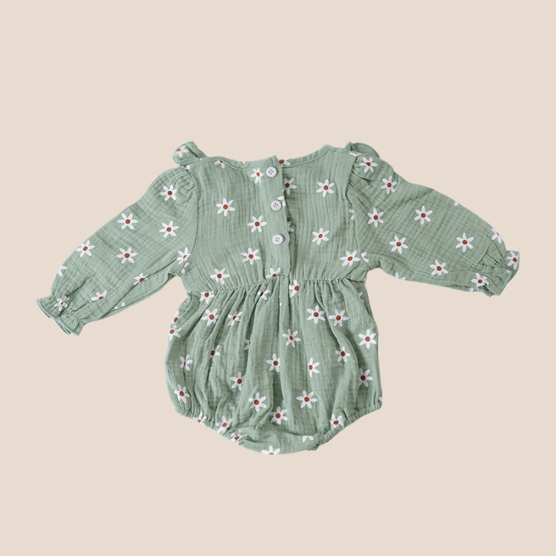Cotton Craft baby apparel Muslin Baby Girl Romper with Matching Headband – Sage Daisy | 3–6 Months Personalized and custom baby gifts