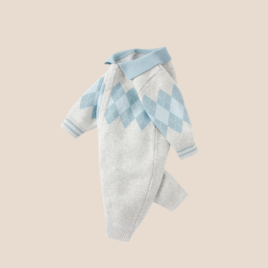 Knit cotton baby boy romper with collar and argyle pattern