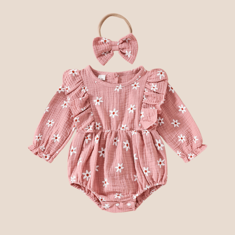 Cotton Craft baby apparel Muslin Baby Girl Romper with Matching Headband – Pink Daisy | 3–6 Months Personalized and custom baby gifts