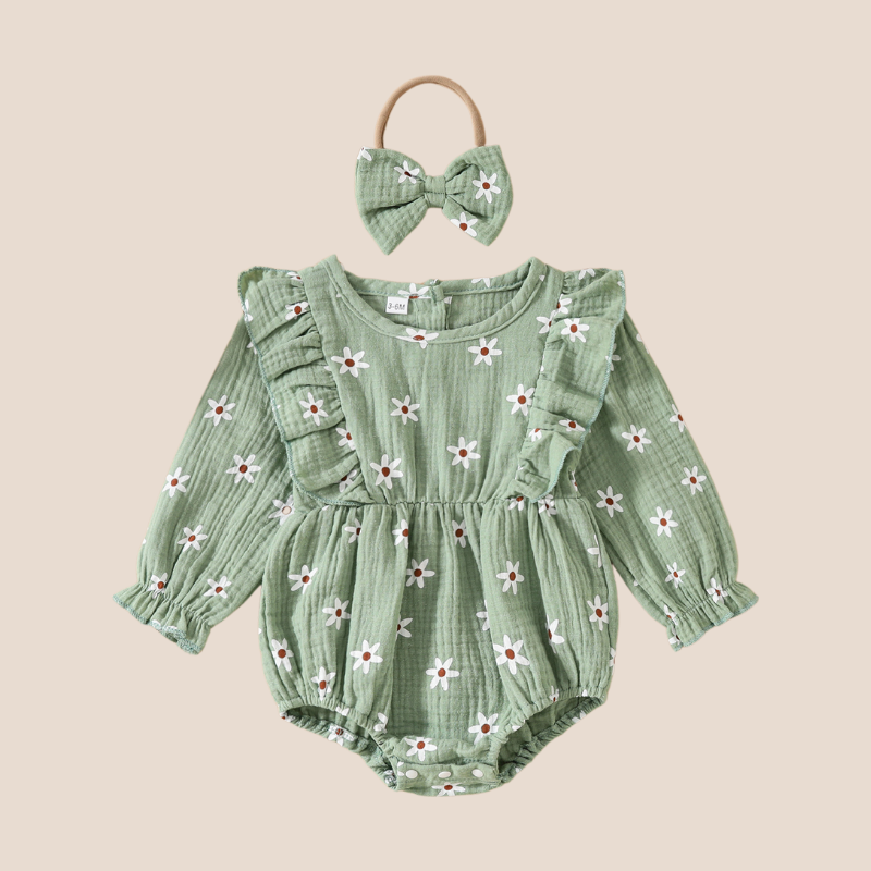 Baby girl muslin romper set with matching headband in sage green