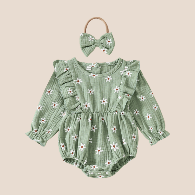 Cotton Craft baby apparel Muslin Baby Girl Romper with Matching Headband – Sage Daisy | 3–6 Months Personalized and custom baby gifts
