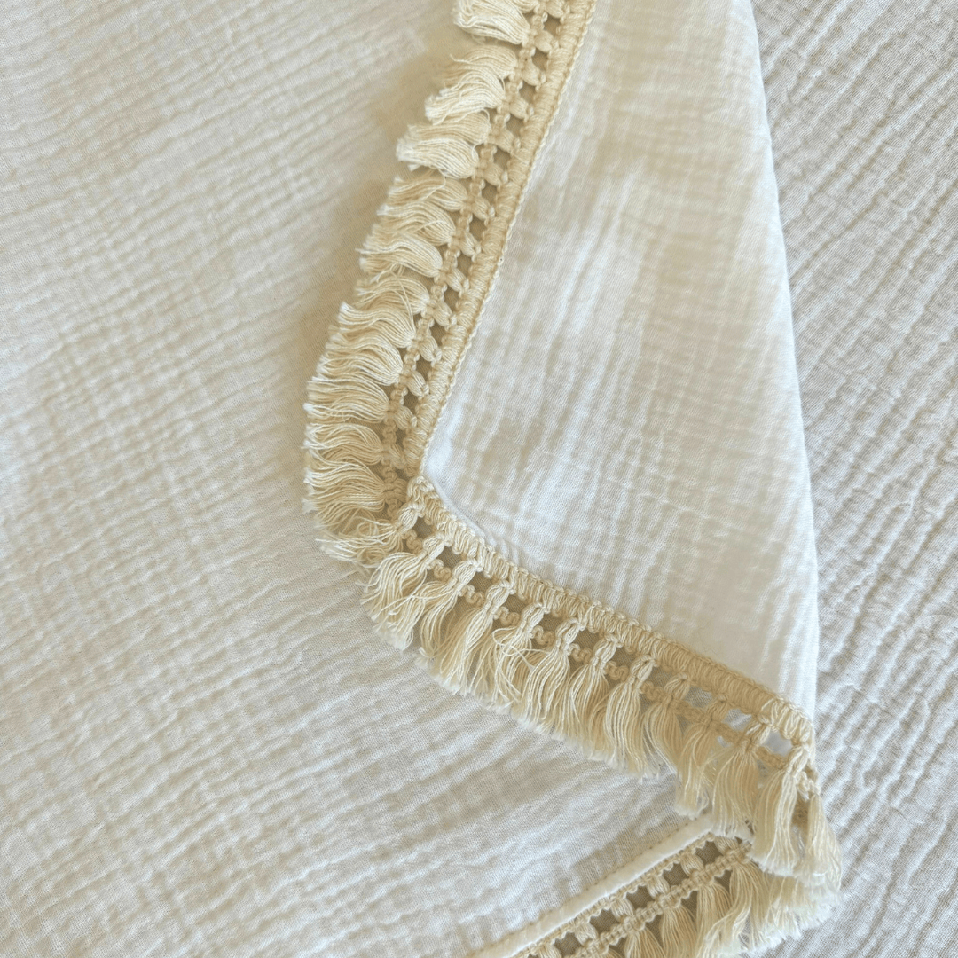 White Fringed Cotton Swaddle Blanket