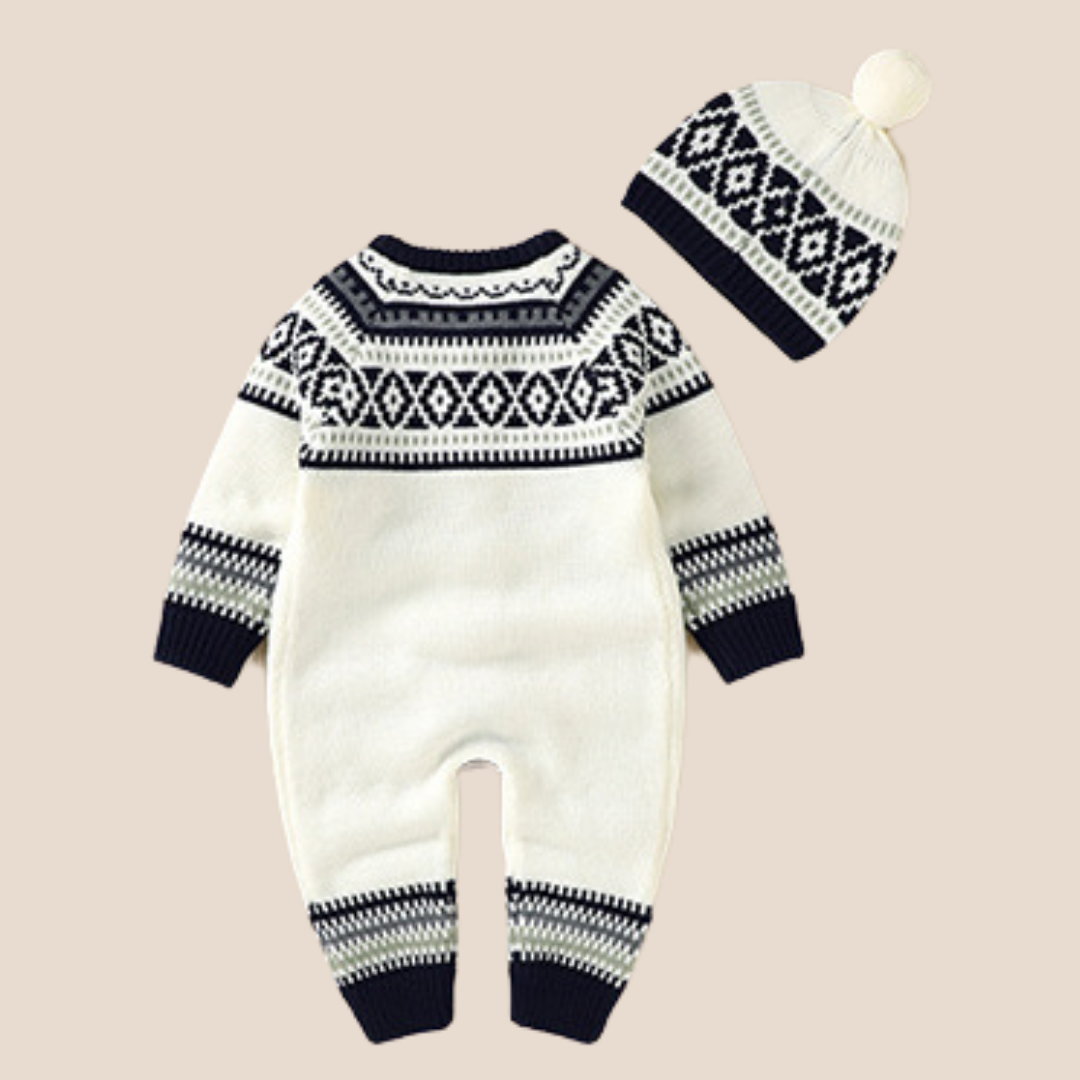 Baby Boy Jacquard Knitted Romper and Hat Set