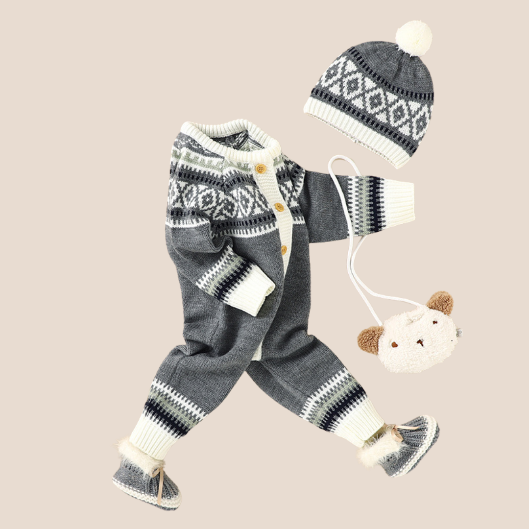Baby Boy Jacquard Knitted Romper and Hat Set