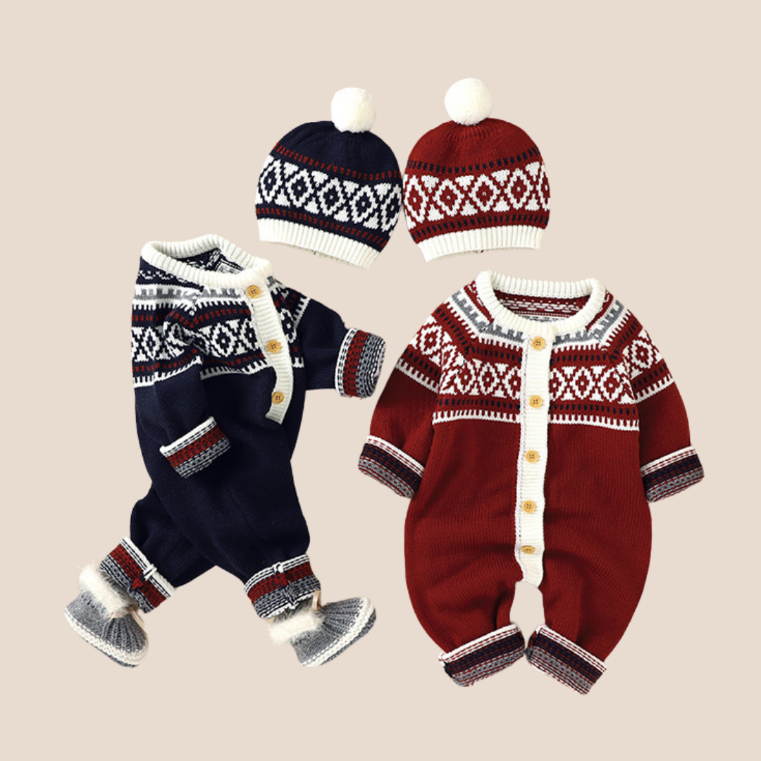 Baby Boy Jacquard Knitted Romper and Hat Set