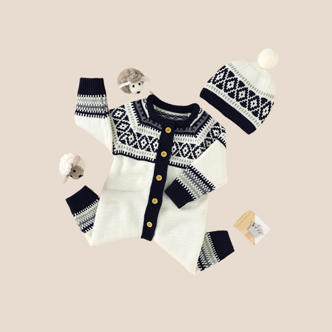 Baby Boy Jacquard Knitted Romper and Hat Set