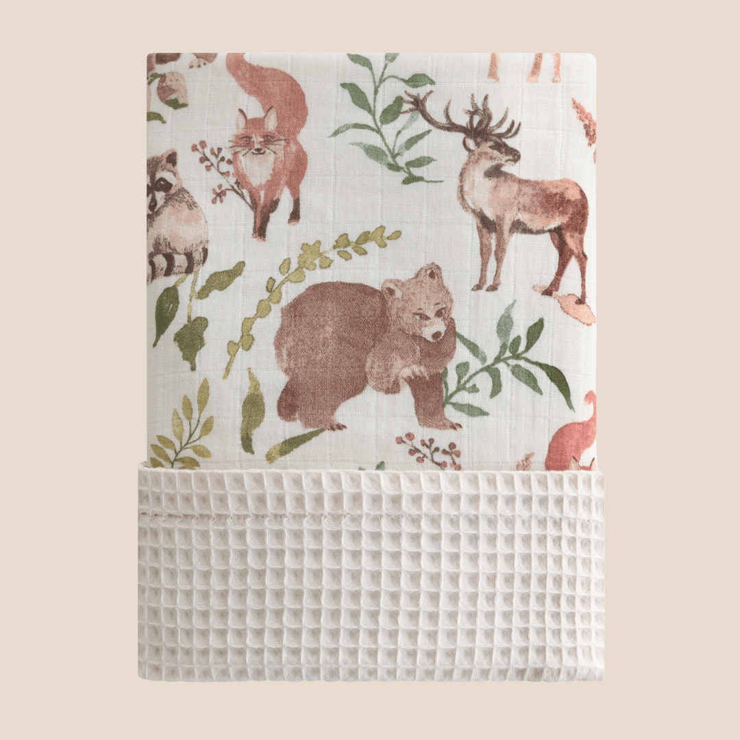 Cotton Craft bamboo cotton blanket Reversible Bamboo Muslin & Waffle Cotton Baby Blanket – Woodland Animal Print Personalized and custom baby gifts