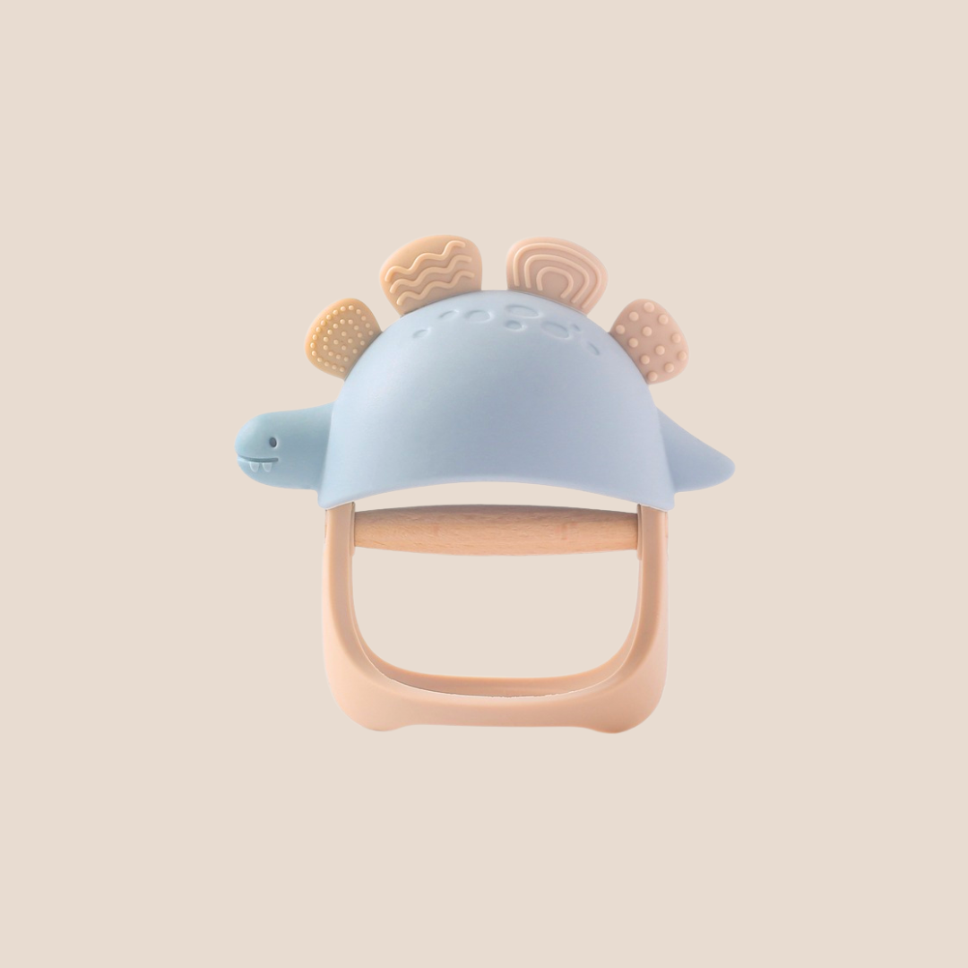 Dinosaur Silicone & Wooden Teether Rattle | Eco-Friendly Baby Teething Toy (2 Colors)