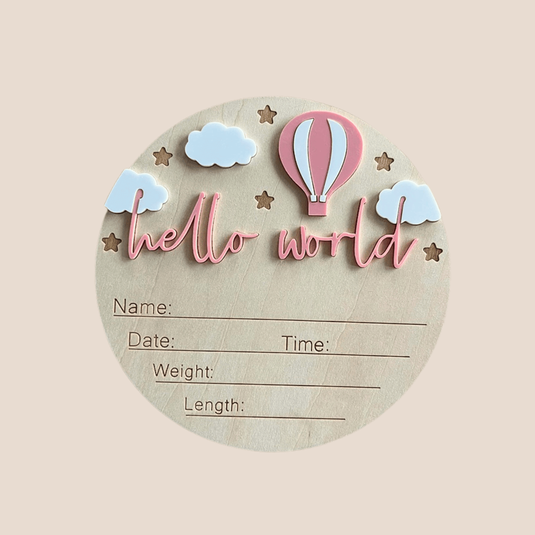 Cotton Craft baby gift bundle Personalized Wooden Baby Birth Announcement Sign – “Hello World” Newborn Photo Prop with Details Personalized and custom baby gifts